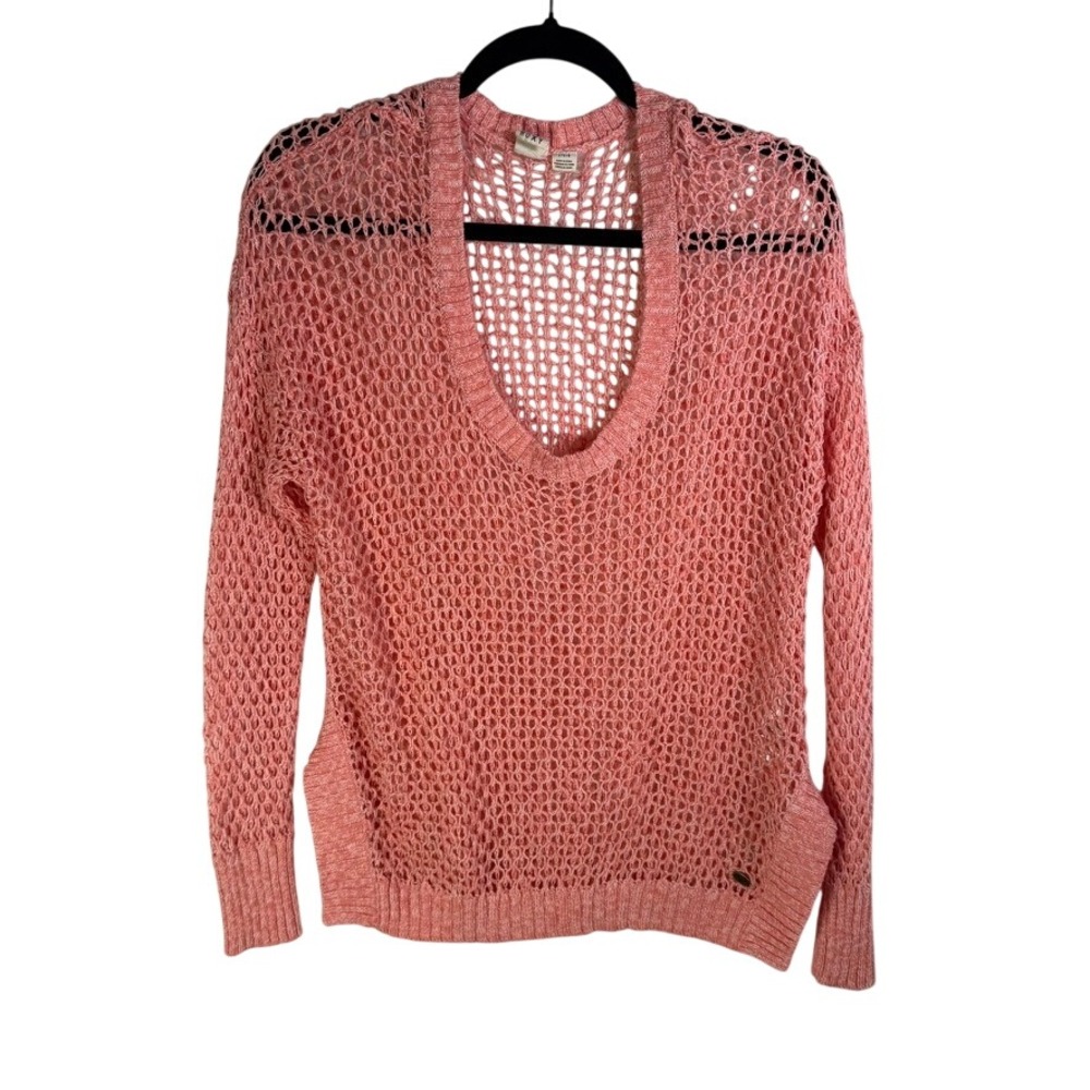 Roxy Womens Coral Pink Open Knit Crochet Scoop Neck Sweater ARJSW00073 Large